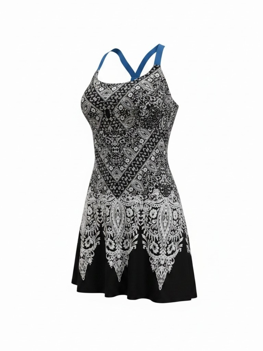 Linea Donatella Black & White Paisley Mini Dress with Blue Straps AZ M